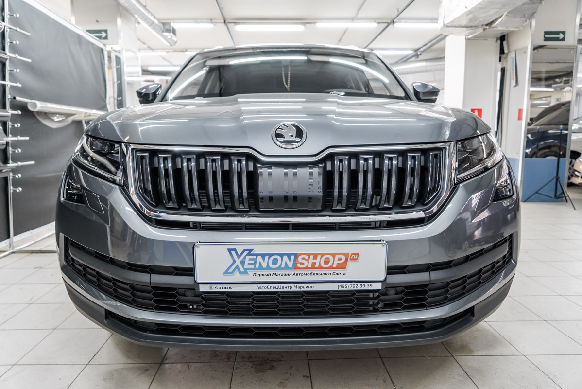 Instalace ochranné síťky na nárazník vozu Škoda Kodiaq - Instalace XenonShop v Moskvě